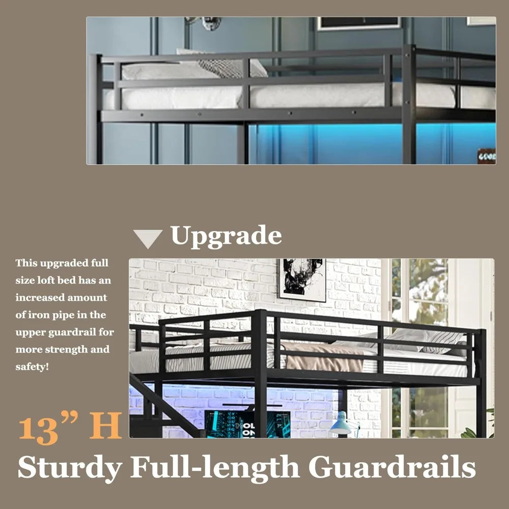 Full Size Metal Loft Bed with L-Shaped Desk