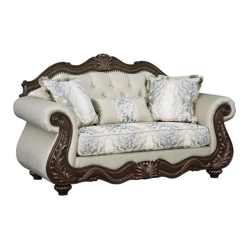 Beige Fabric Loveseat with Cherry Finish and 3 Pillows