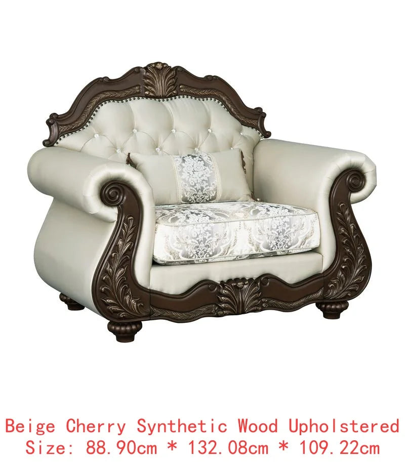 Beige Fabric Loveseat with Cherry Finish and 3 Pillows