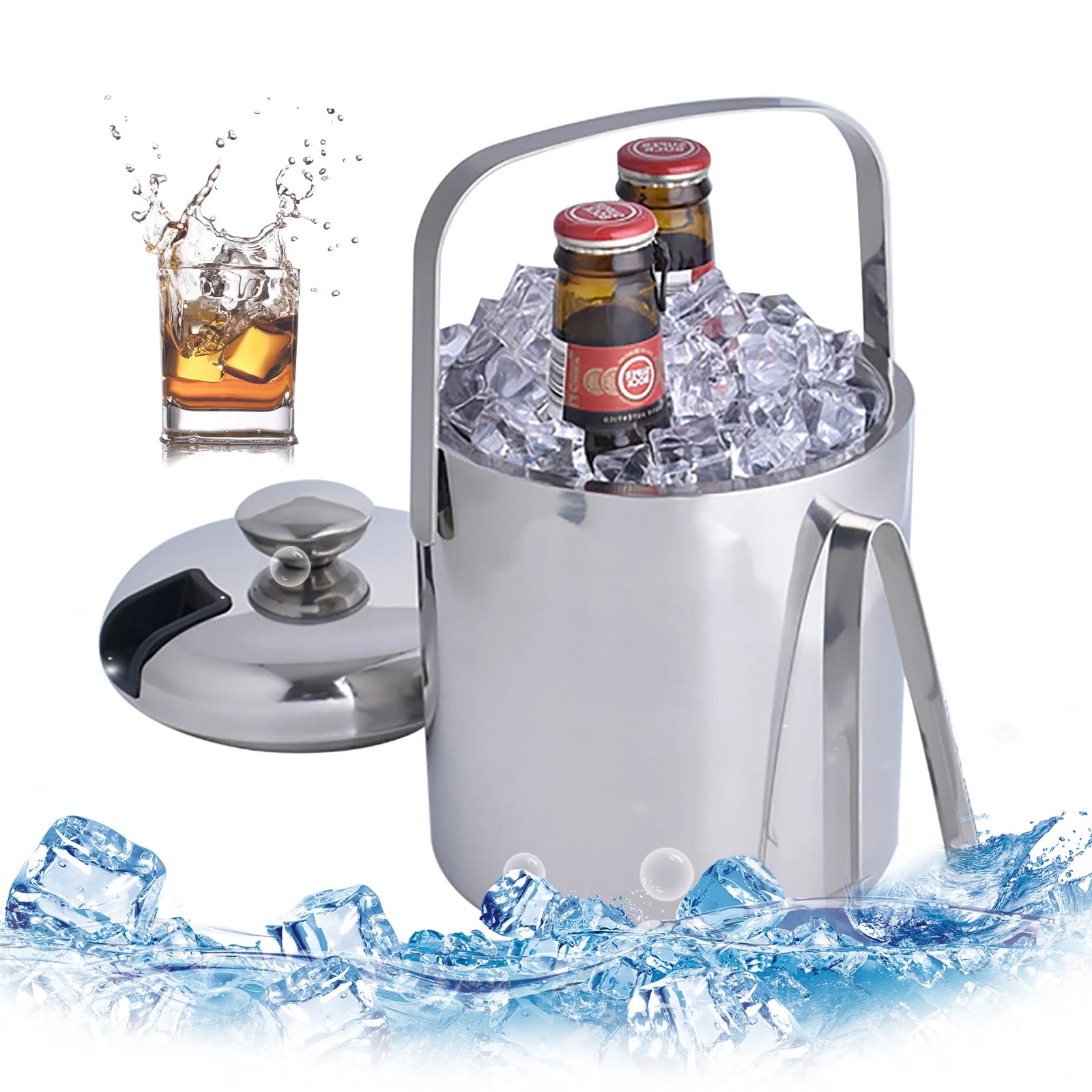 1.3L Double-Wall Insulated Ice Bucket Stainless Steel Ice Cube Beverage Container Silver with Ice Tongs and Lid