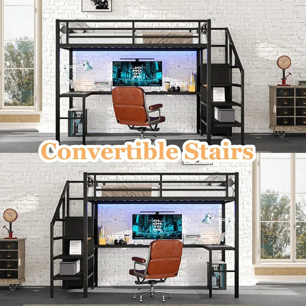 Full Size Metal Loft Bed with L-Shaped Desk