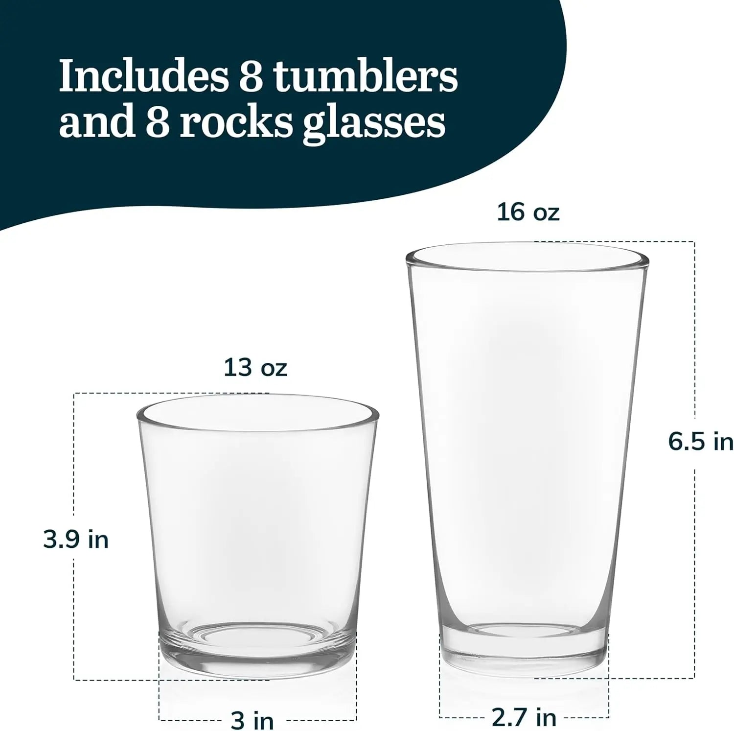All-Purpose 16- Pieces Drinking Glass Set w / 8 Tumblers