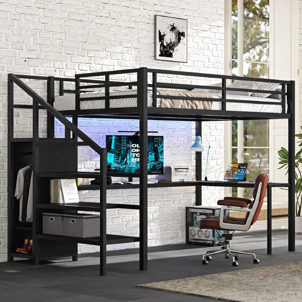 Full Size Metal Loft Bed with L-Shaped Desk