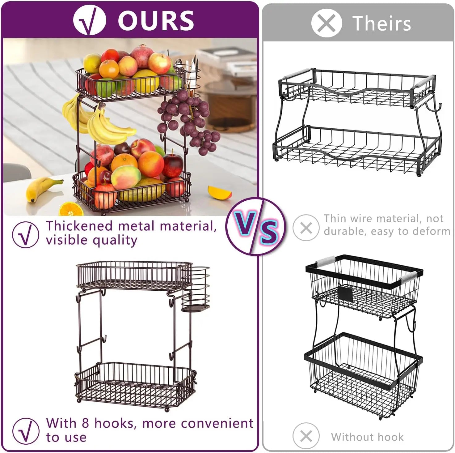 Heavy 2-Tier Fruit Basket with Side Storage