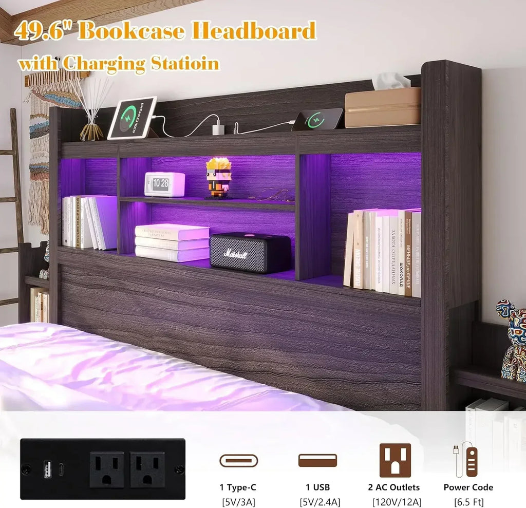 Queen Bed Frame with 49.6" Bookcase Headboard