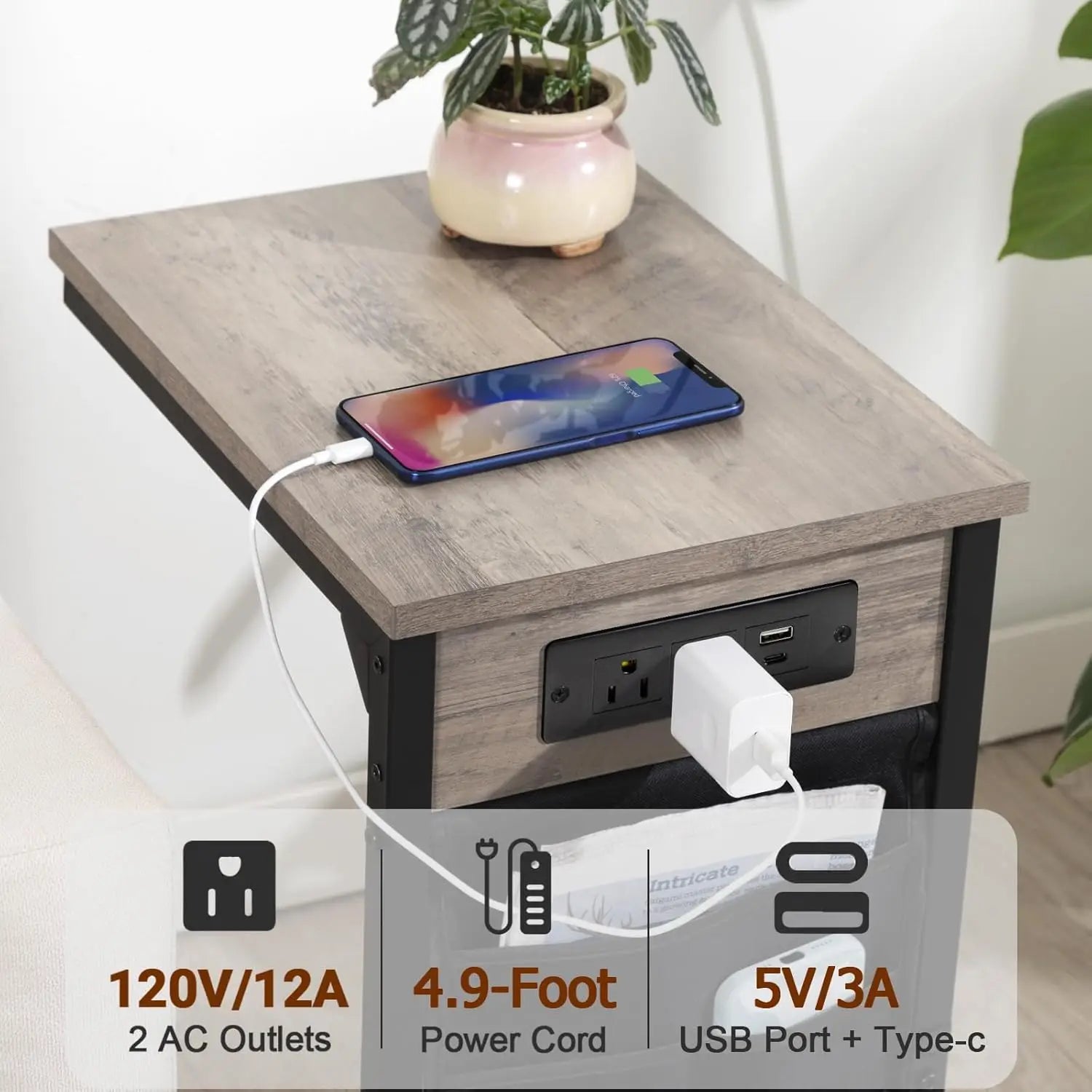 C-Shaped End Table with Charging Station