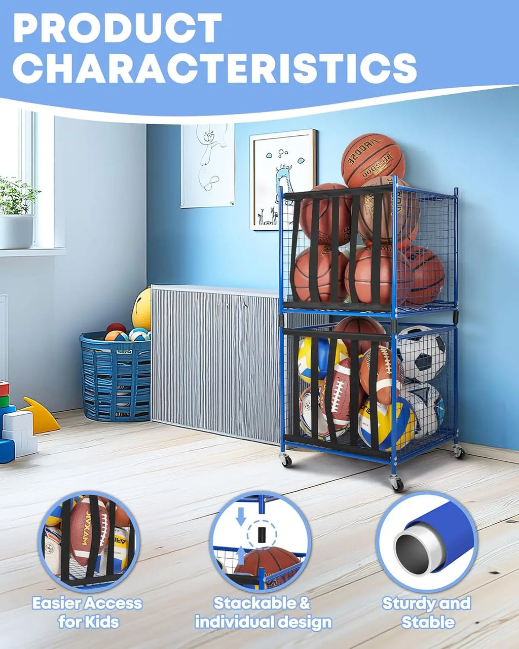 Rolling Sports Ball Storage Cart with Lockable Locker