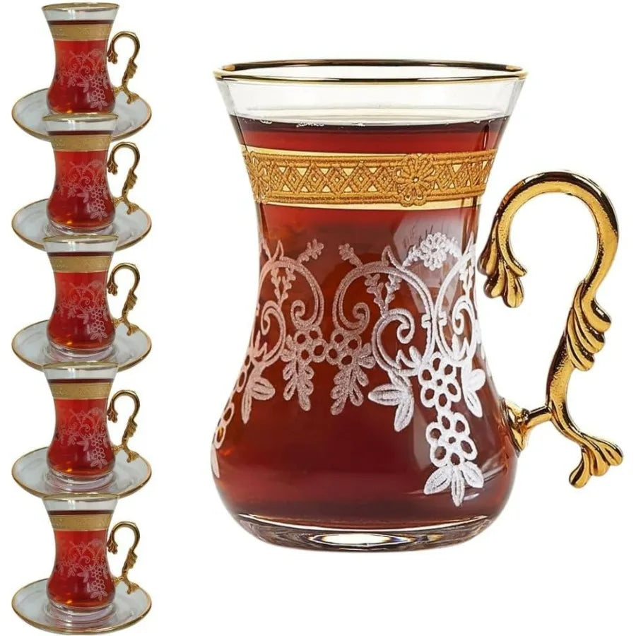 Elegant Vintage Style Tea Glasses & Saucers Set of 6