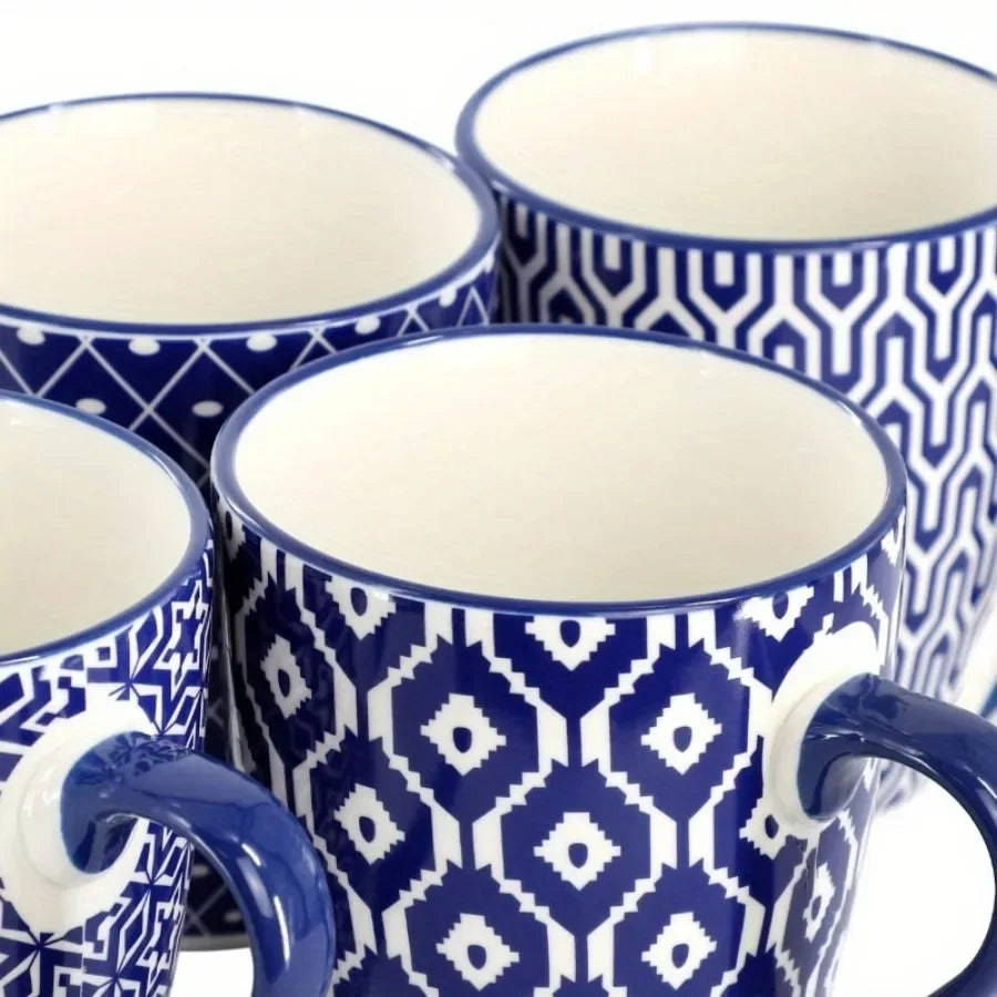 6-piece 12 oz blue and white ceramic mug set with comfortable handles for easy grip and a secure hold