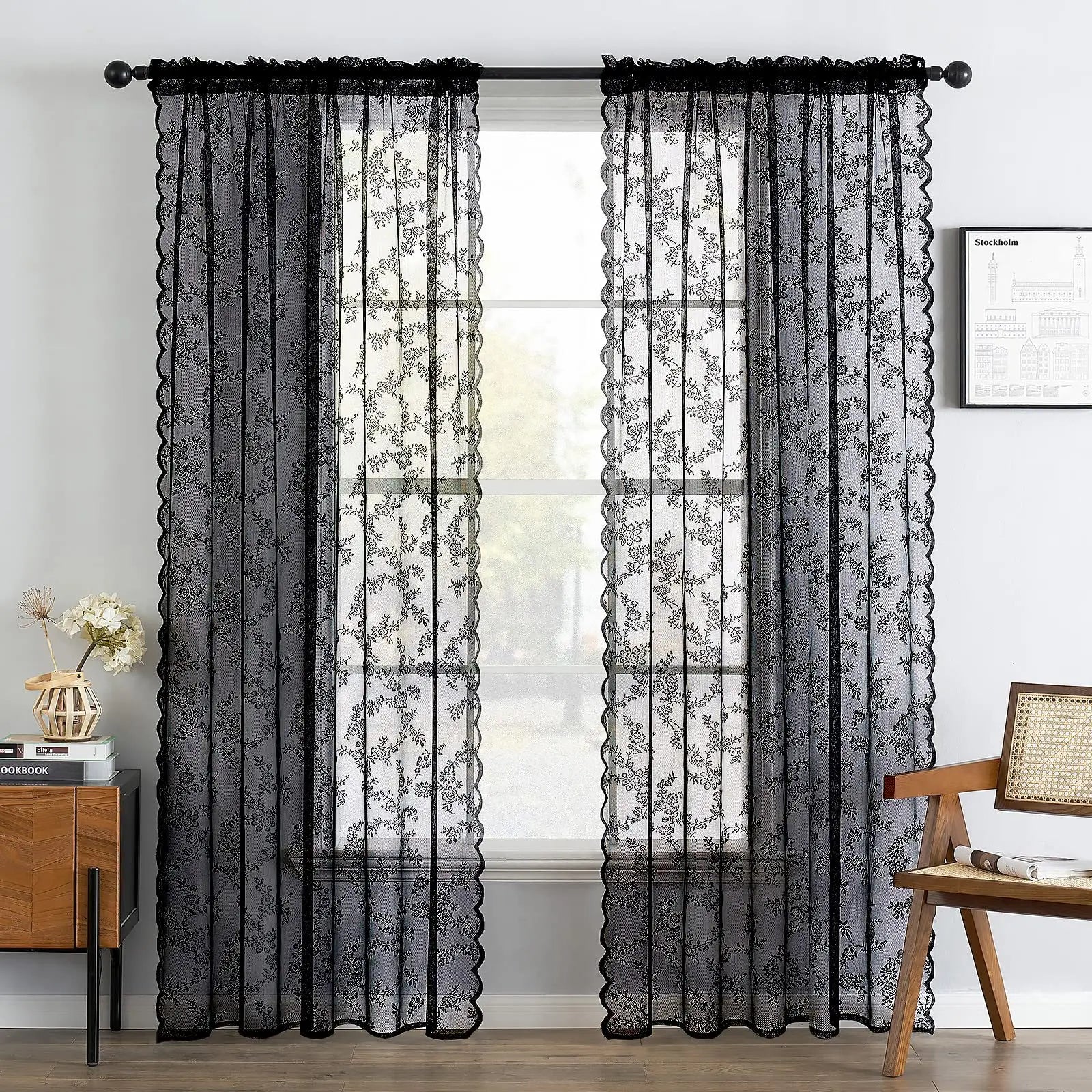 Vintage Lace Floral Chiffon Curtains