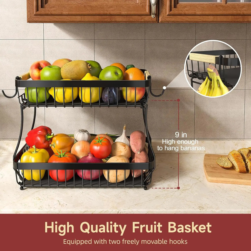 2-Tier Large Fruit Basket with Mobile Banana Hangers