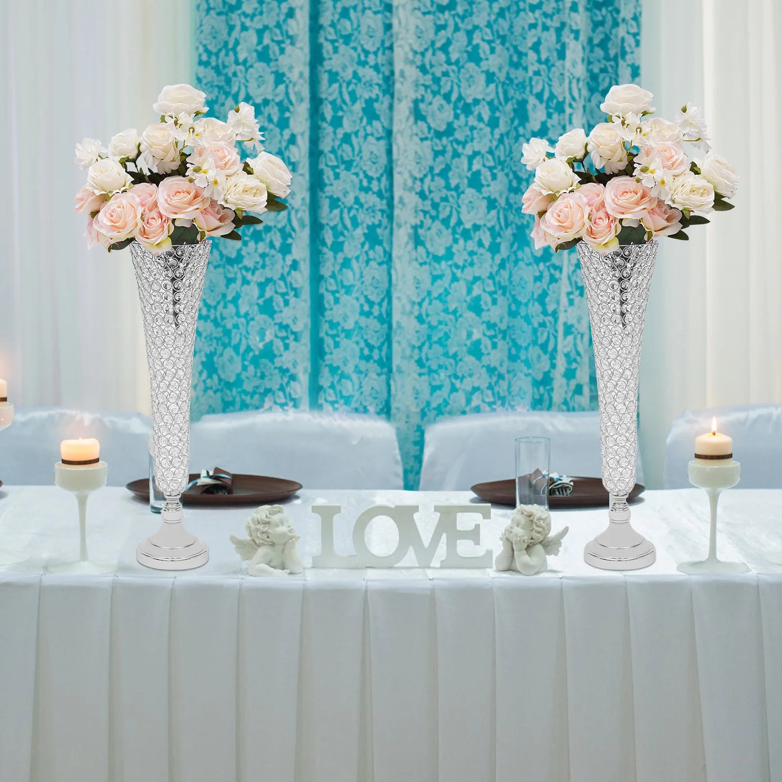 Tall Wedding Flower Vase Set w / Crystal Trumpet Design