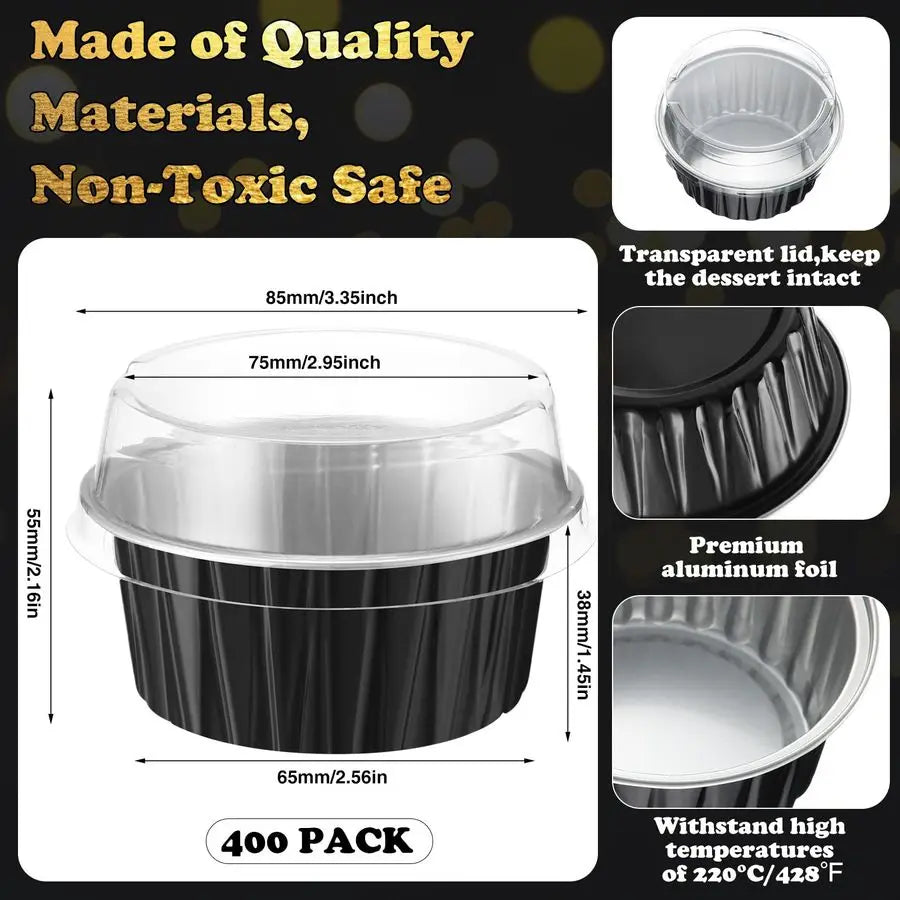 400 Pcs Aluminum Foil Baking Cups with Lids 5 oz Disposable Ramekins Mini Cake Pans Creme Brulee Cupcake Liners Muffin Tins Flan