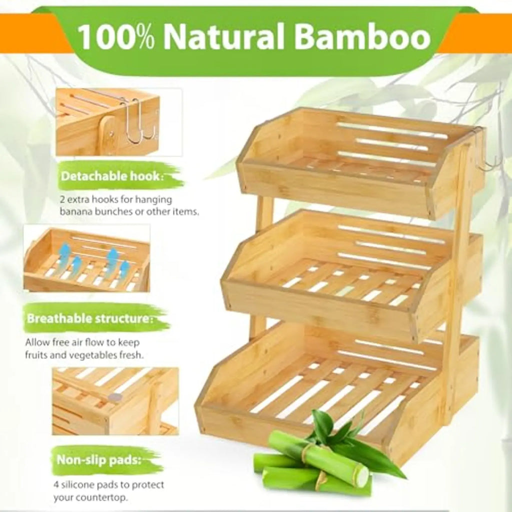 Bamboo 3 Tier Fruit Bowl with 2 Banana Hangers