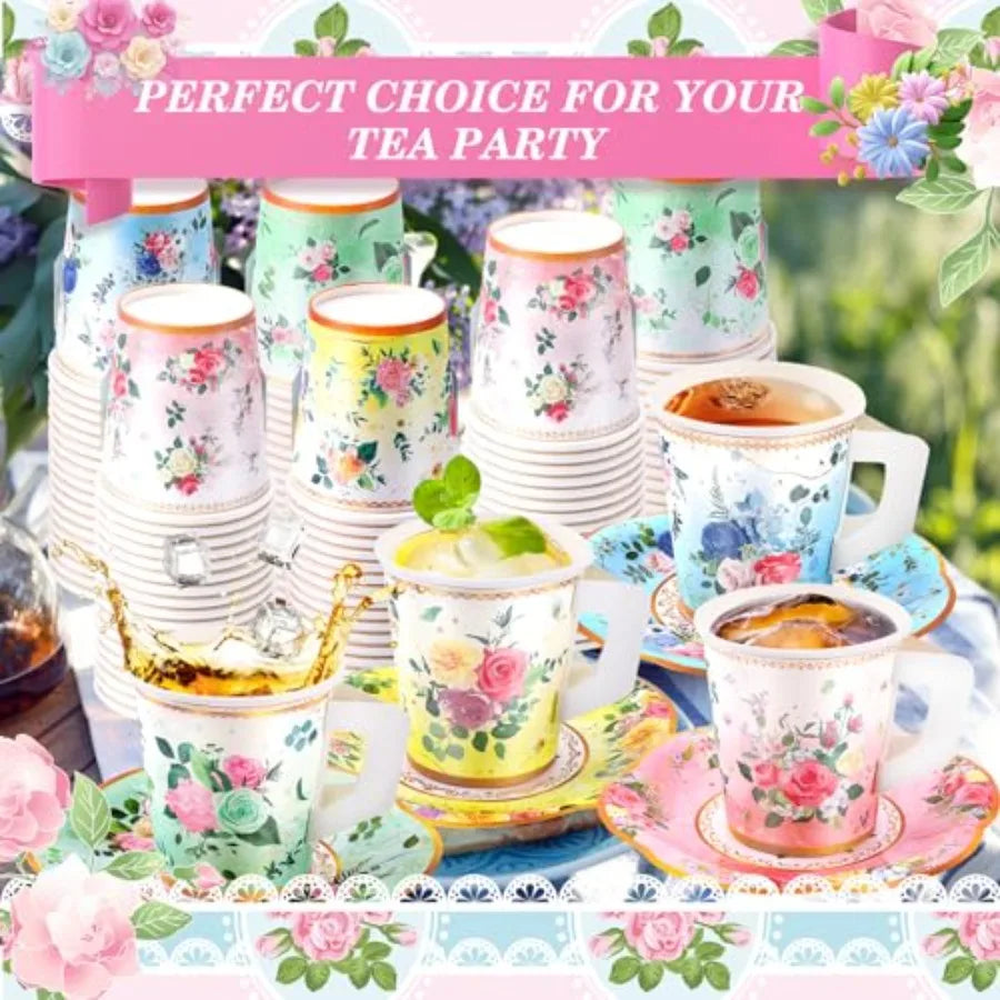 Floral  Disposable Paper Tea Cups & Saucers 7 OZ