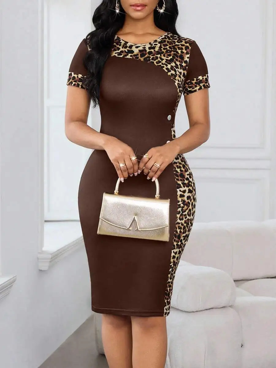 Brown & Leopard Print Round Neck
