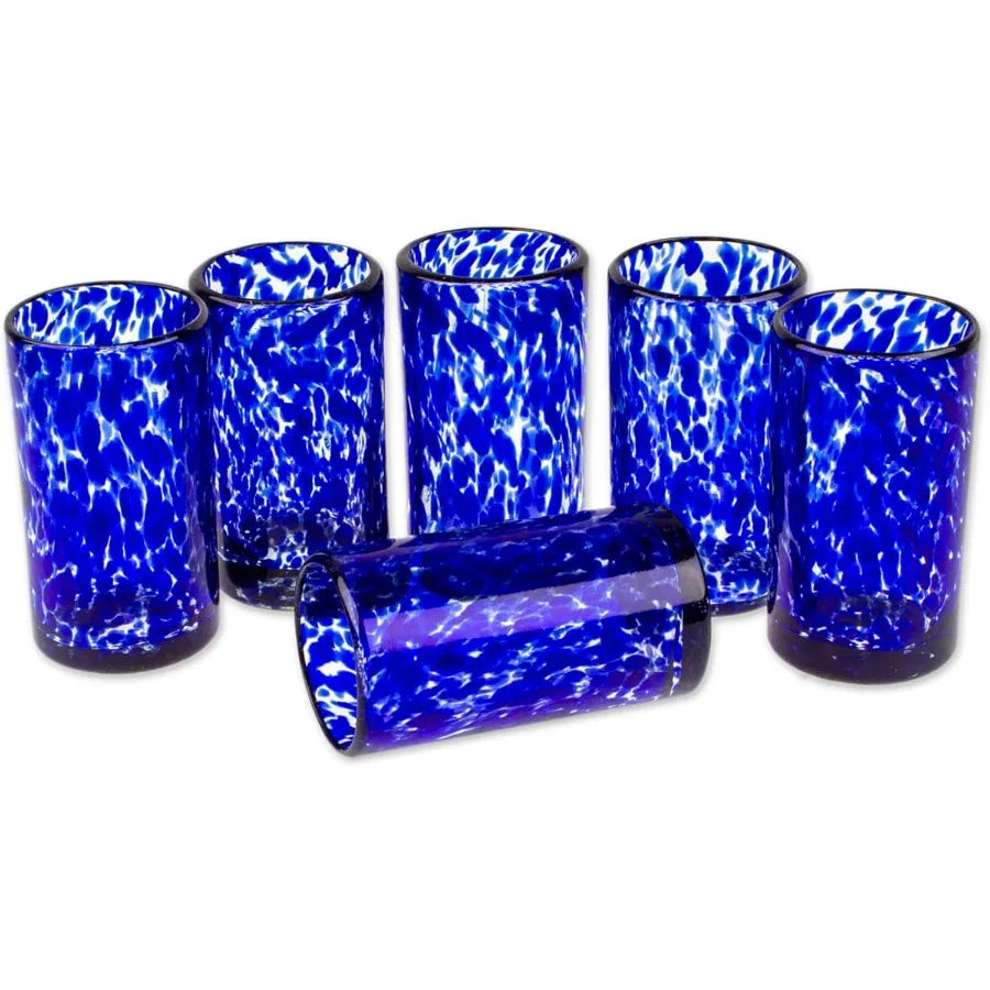 Hand Blown Blue Confetti Recycled Glass Juice Glasses 5 Oz