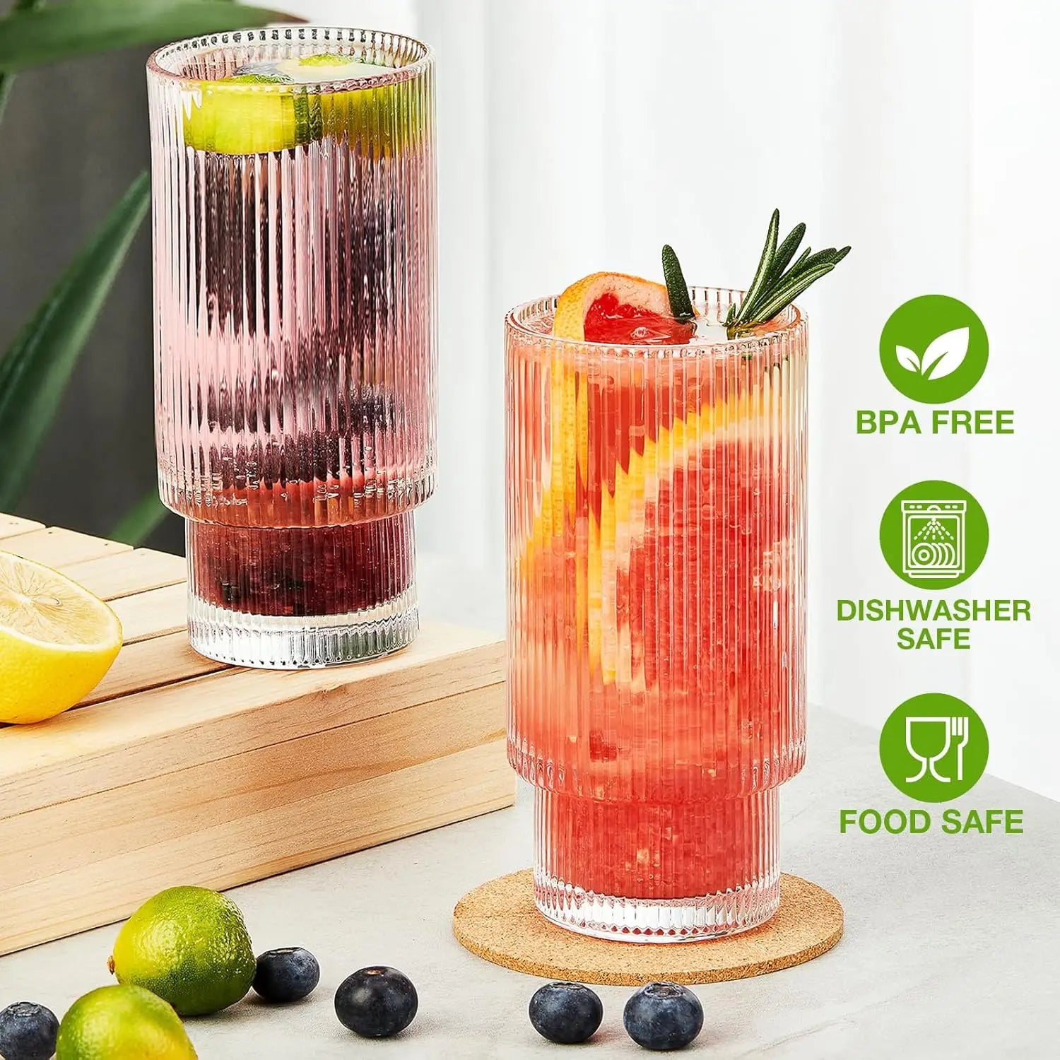 Ribbed  16 oz Highball Drinking Glasses
