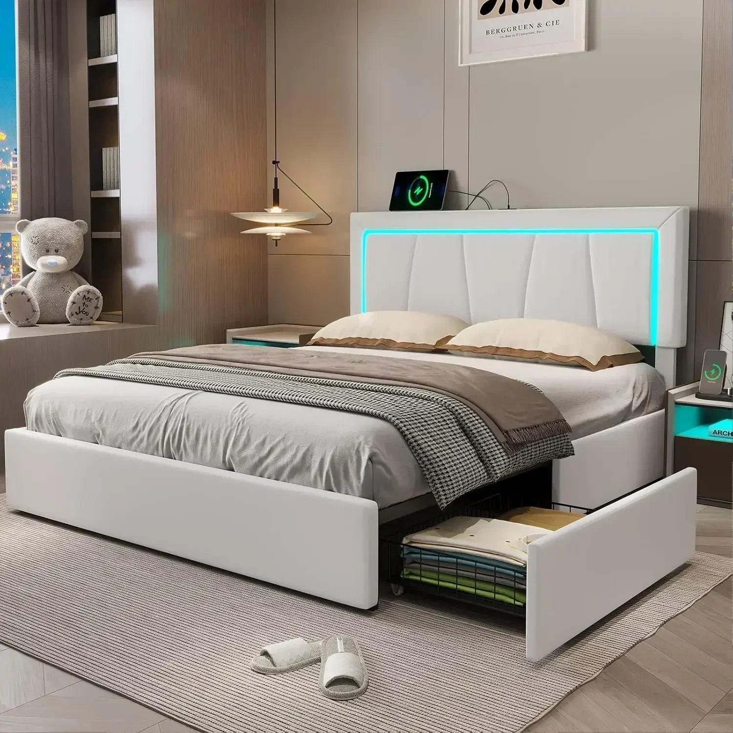 Queen Bed Frame with 4 Storage Drawers