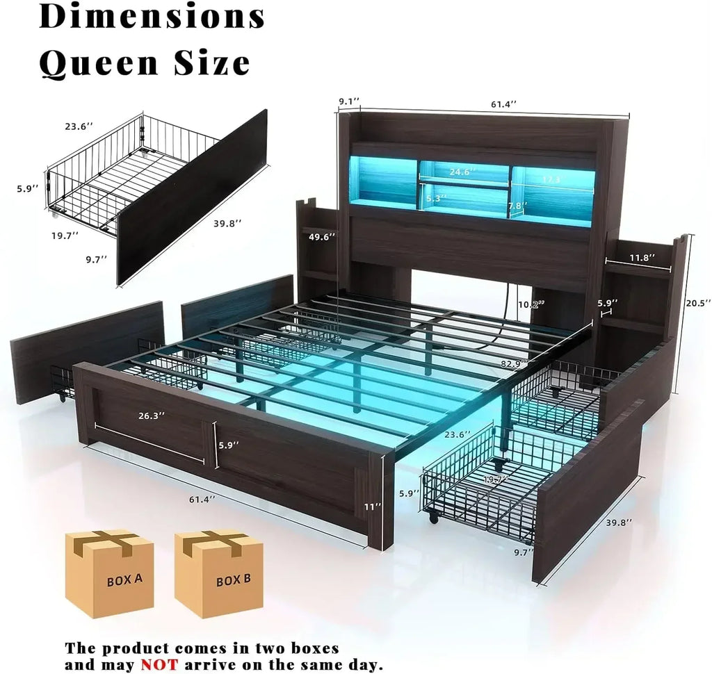 Queen Bed Frame with 49.6" Bookcase Headboard
