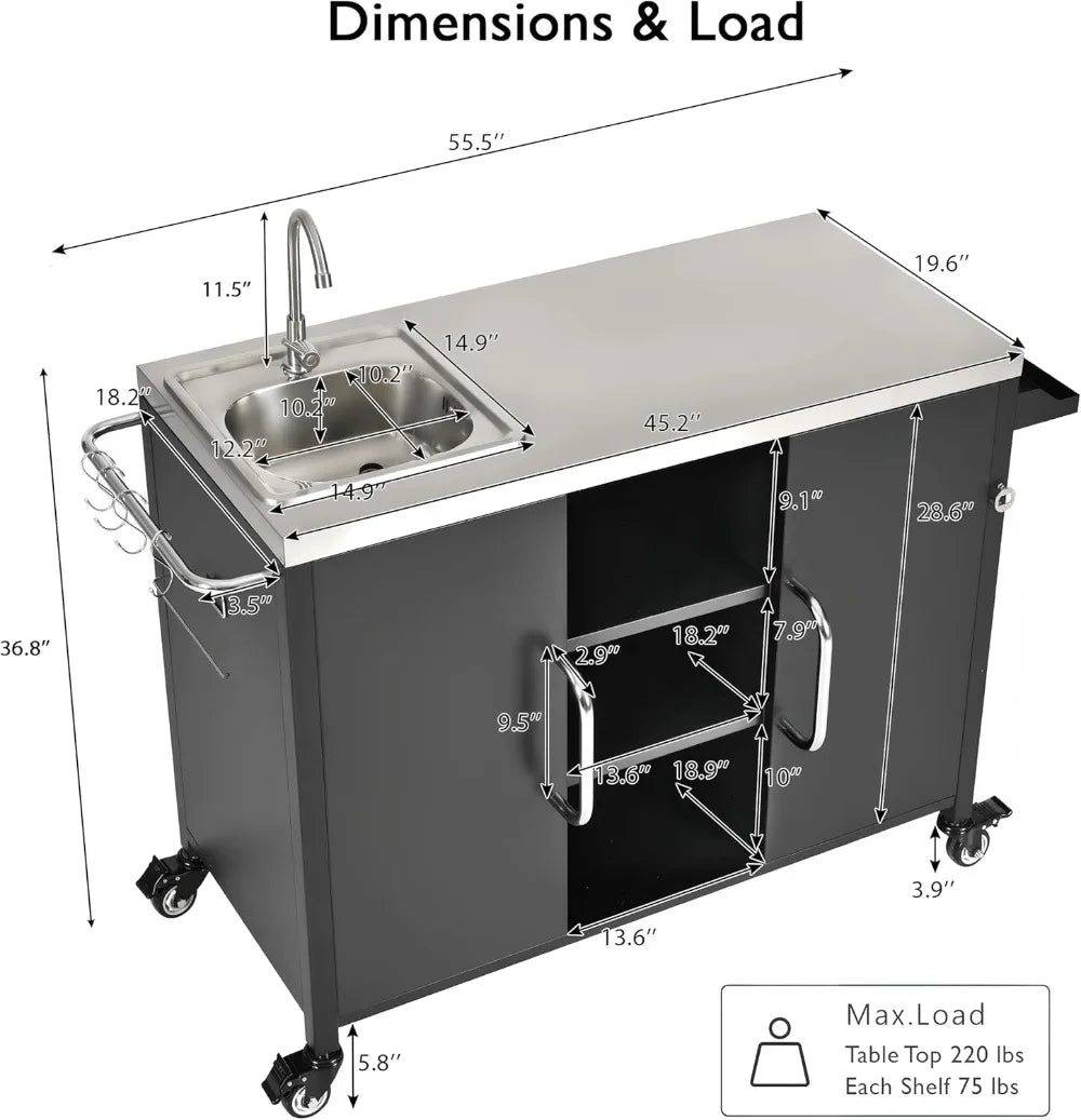 Kitchen Cart W/ Stainless Steel Sink