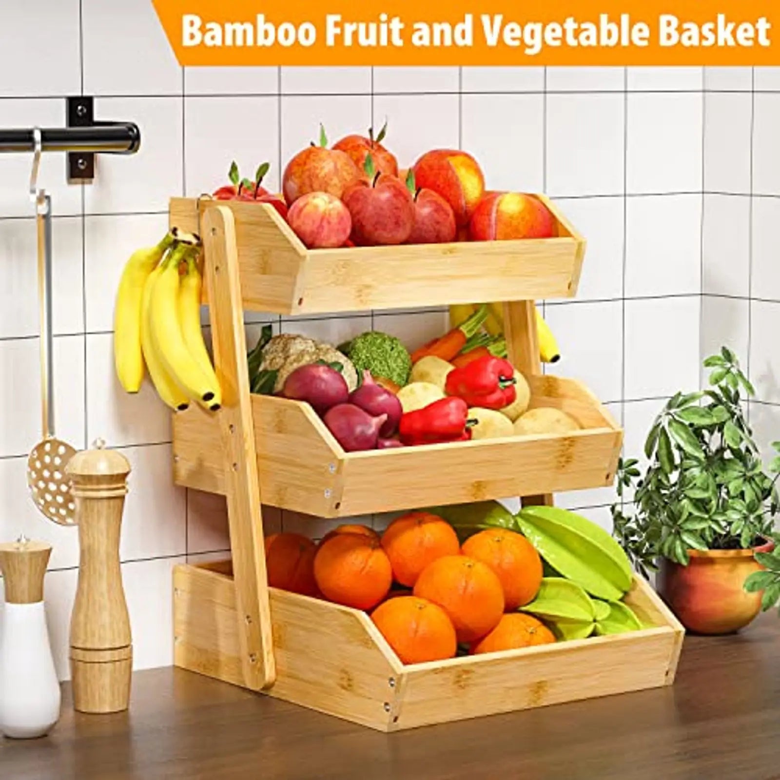 Bamboo 3 Tier Fruit Bowl with 2 Banana Hangers
