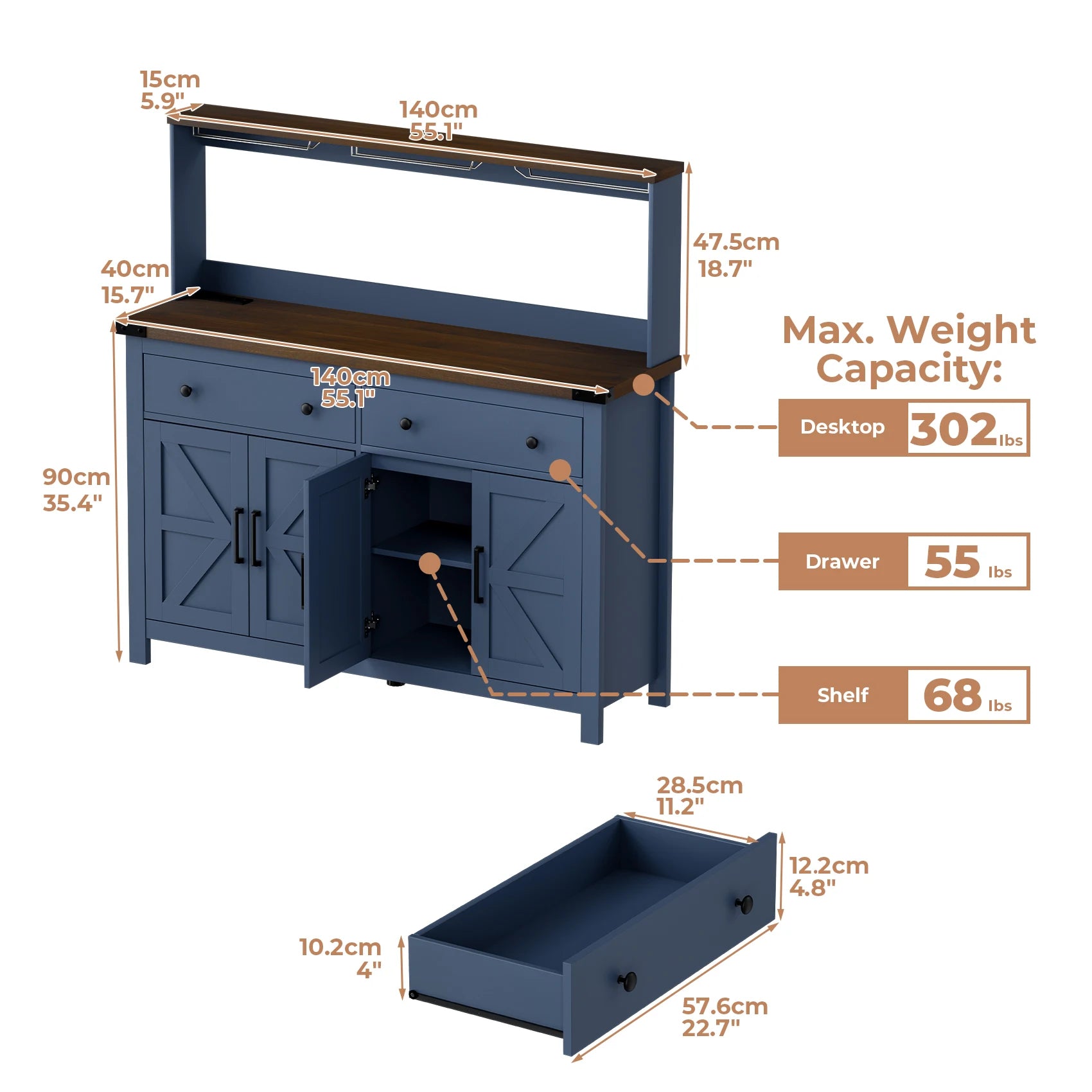 Cabinet Buffet with Drawers, and Charging Station