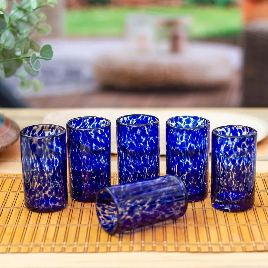 Hand Blown Blue Confetti Recycled Glass Juice Glasses 5 Oz