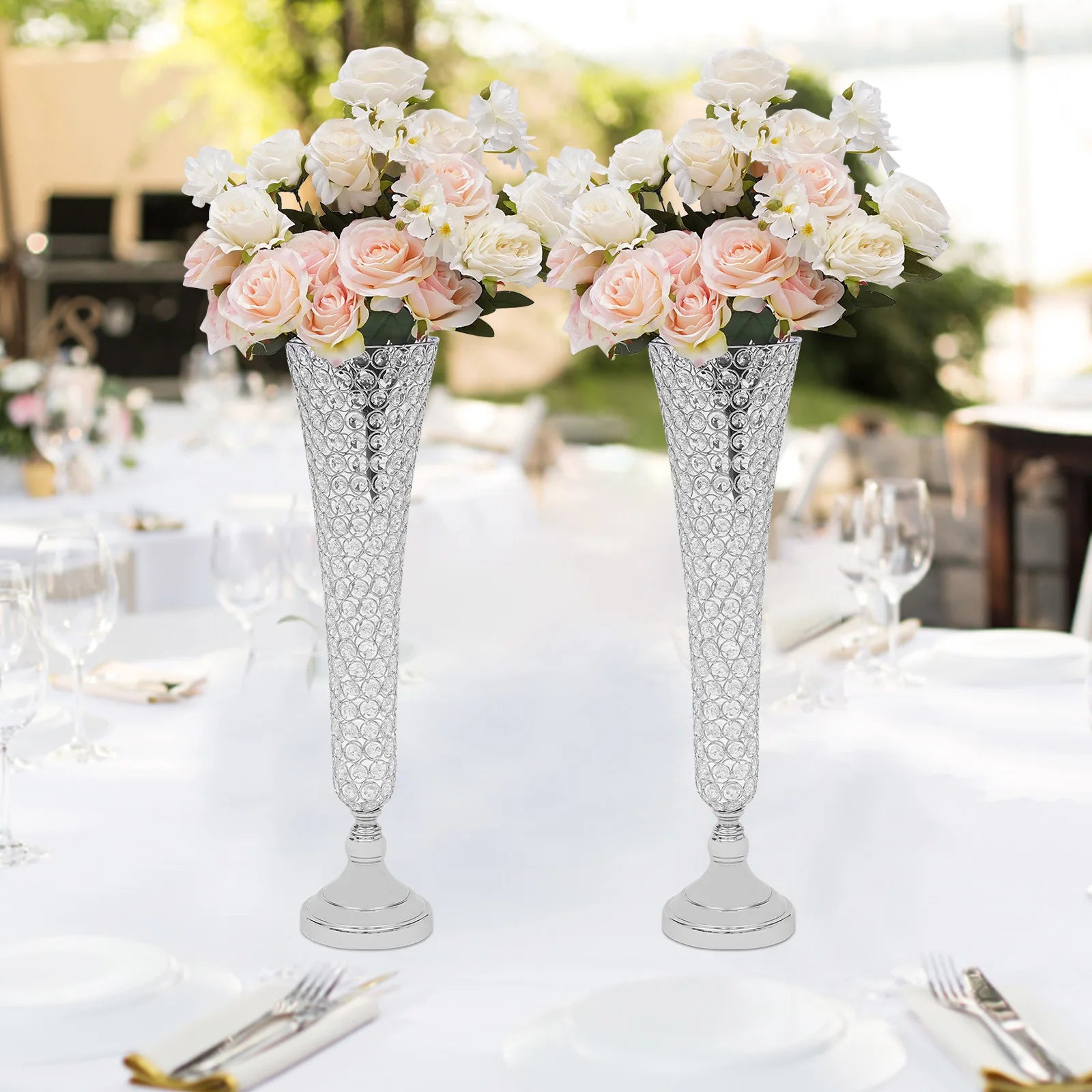 Tall Wedding Flower Vase Set w / Crystal Trumpet Design