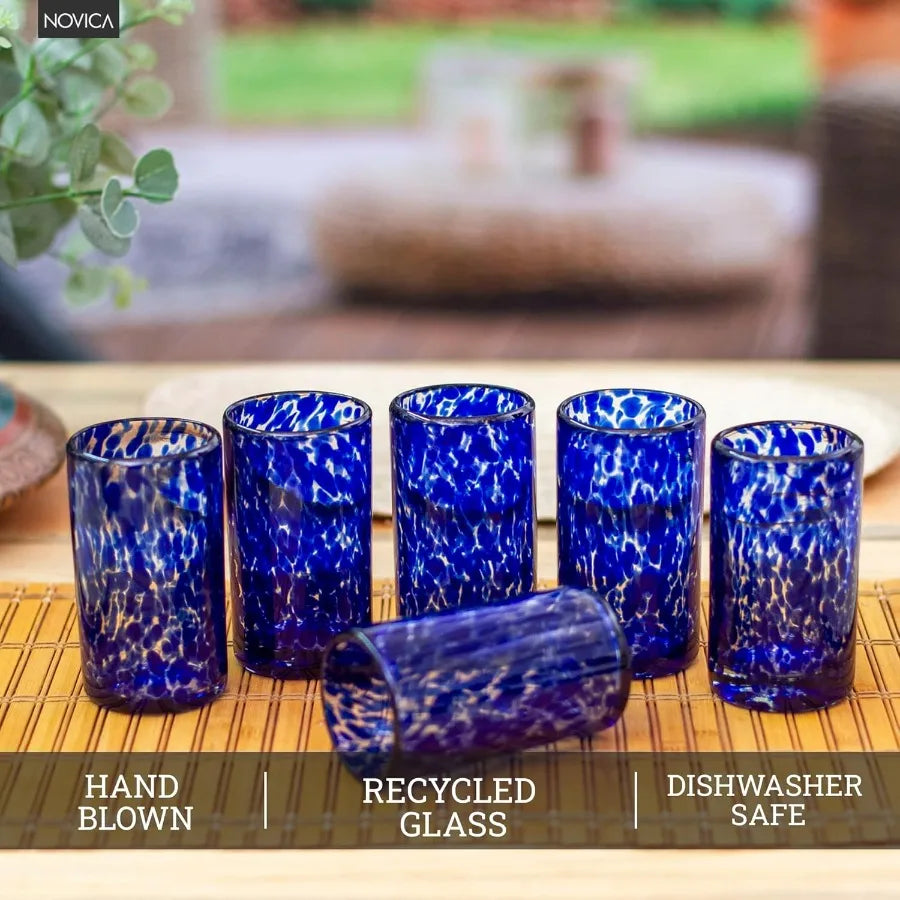 Hand Blown Blue Confetti Recycled Glass Juice Glasses 5 Oz