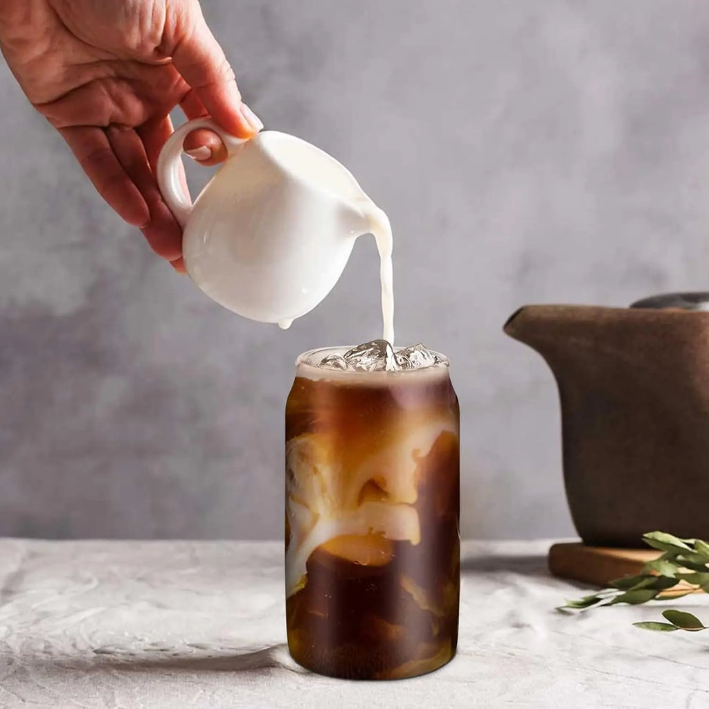 Glass 16 oz Cups with Bamboo Lids & Straws for Two