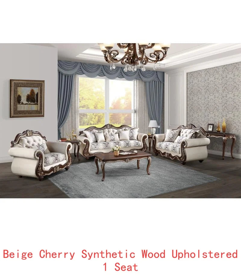 Beige Fabric Loveseat with Cherry Finish and 3 Pillows