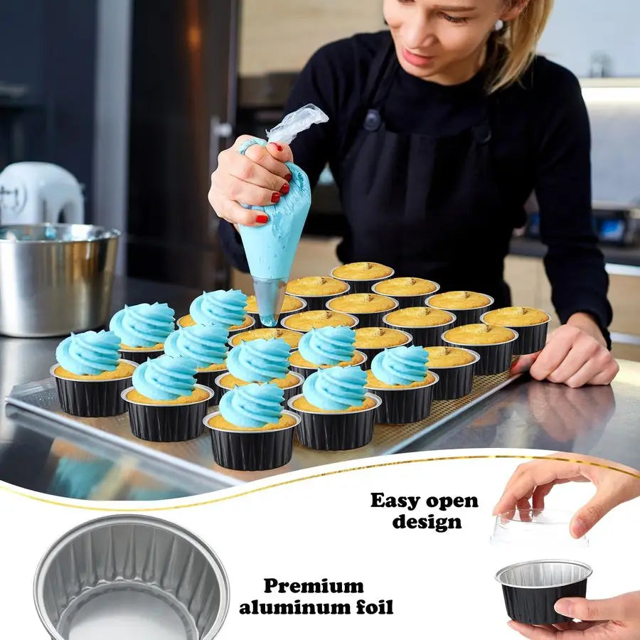 400 Pcs Aluminum Foil Baking Cups with Lids 5 oz Disposable Ramekins Mini Cake Pans Creme Brulee Cupcake Liners Muffin Tins Flan