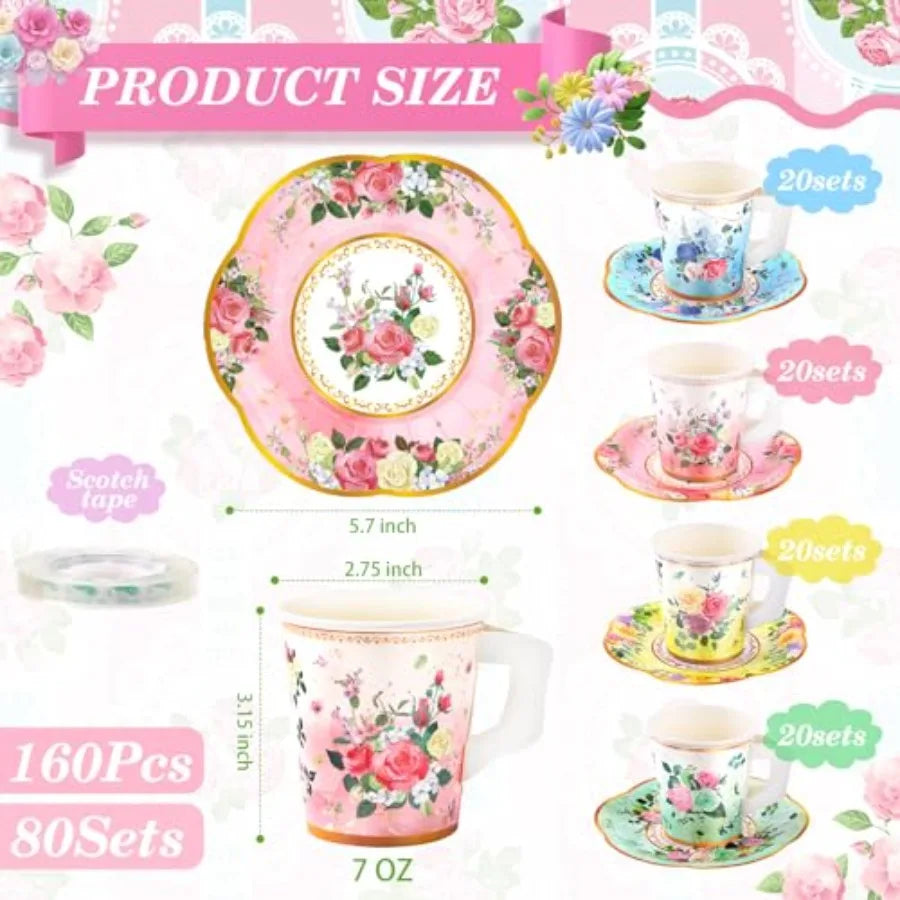 Floral  Disposable Paper Tea Cups & Saucers 7 OZ