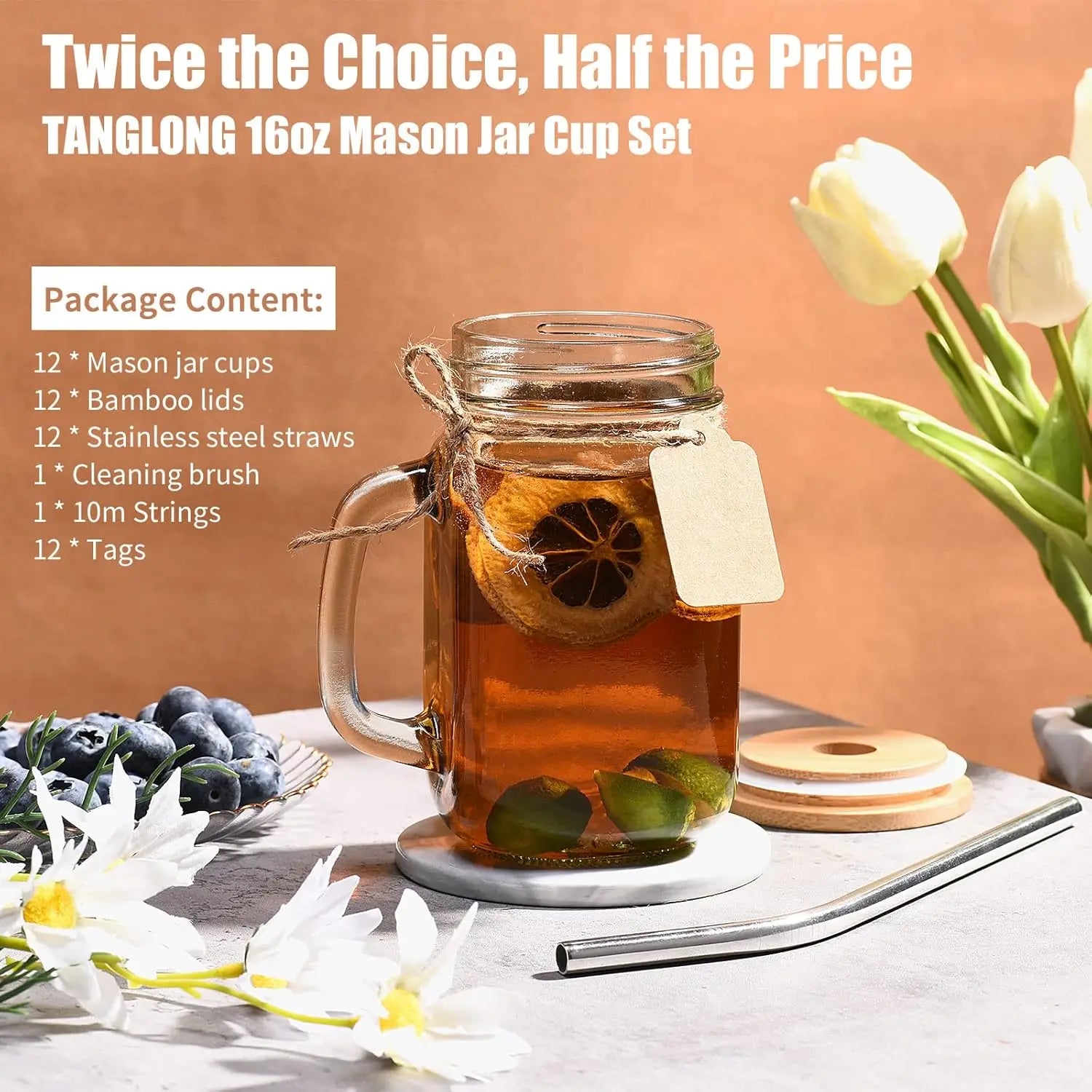 Mason Jars with Handle, Set of 12