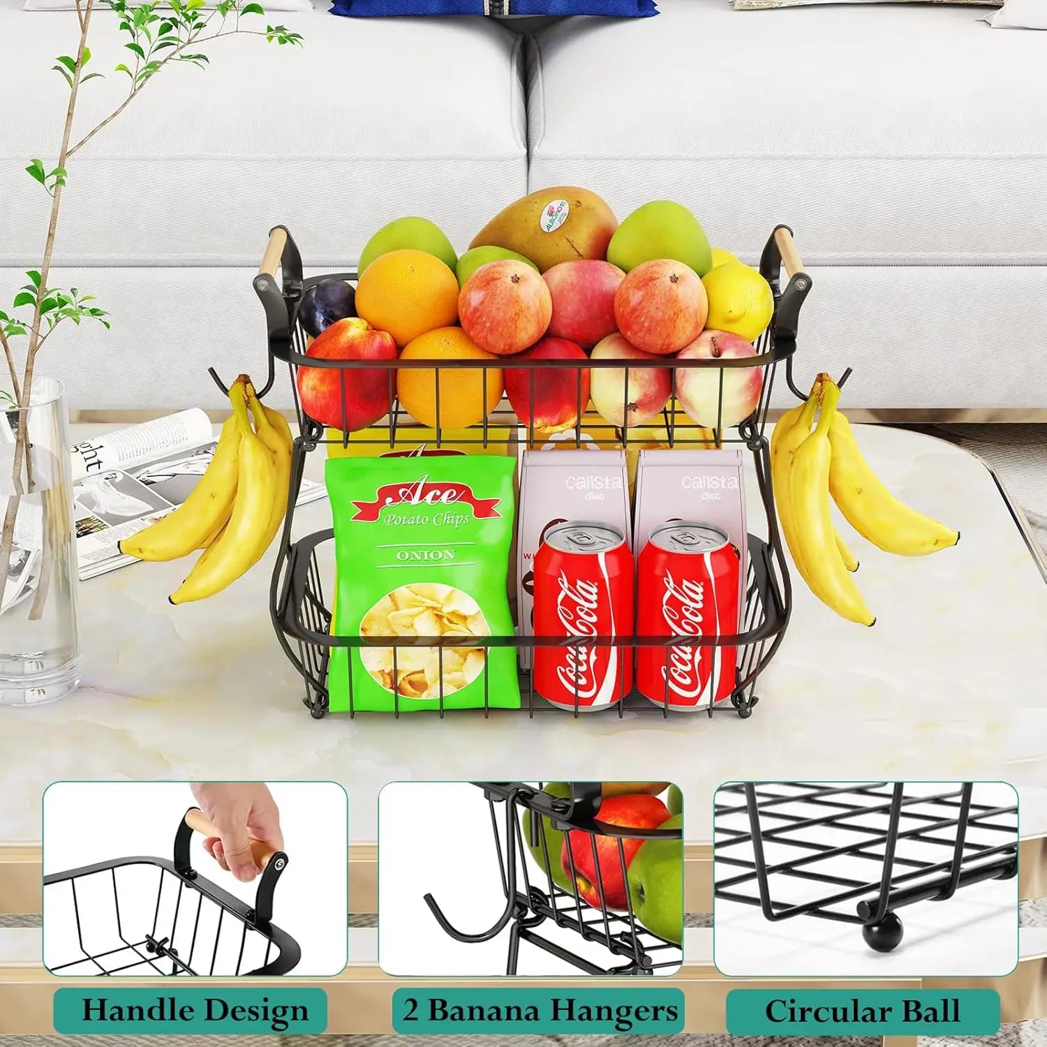 2-Tier Metal Wire Fruit Basket with Banana Hangers