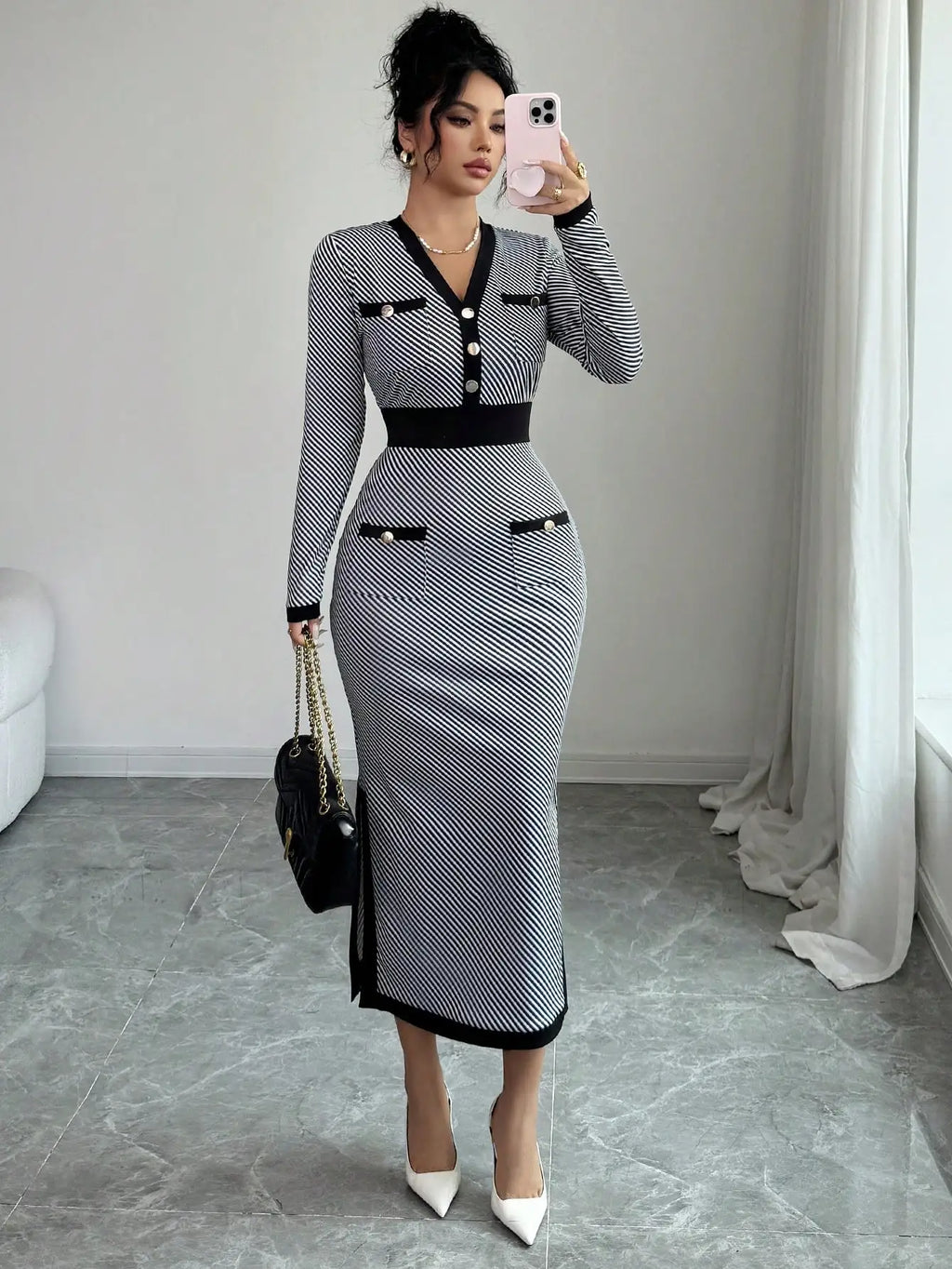 Striped V-Neck Knitted Mid Dress