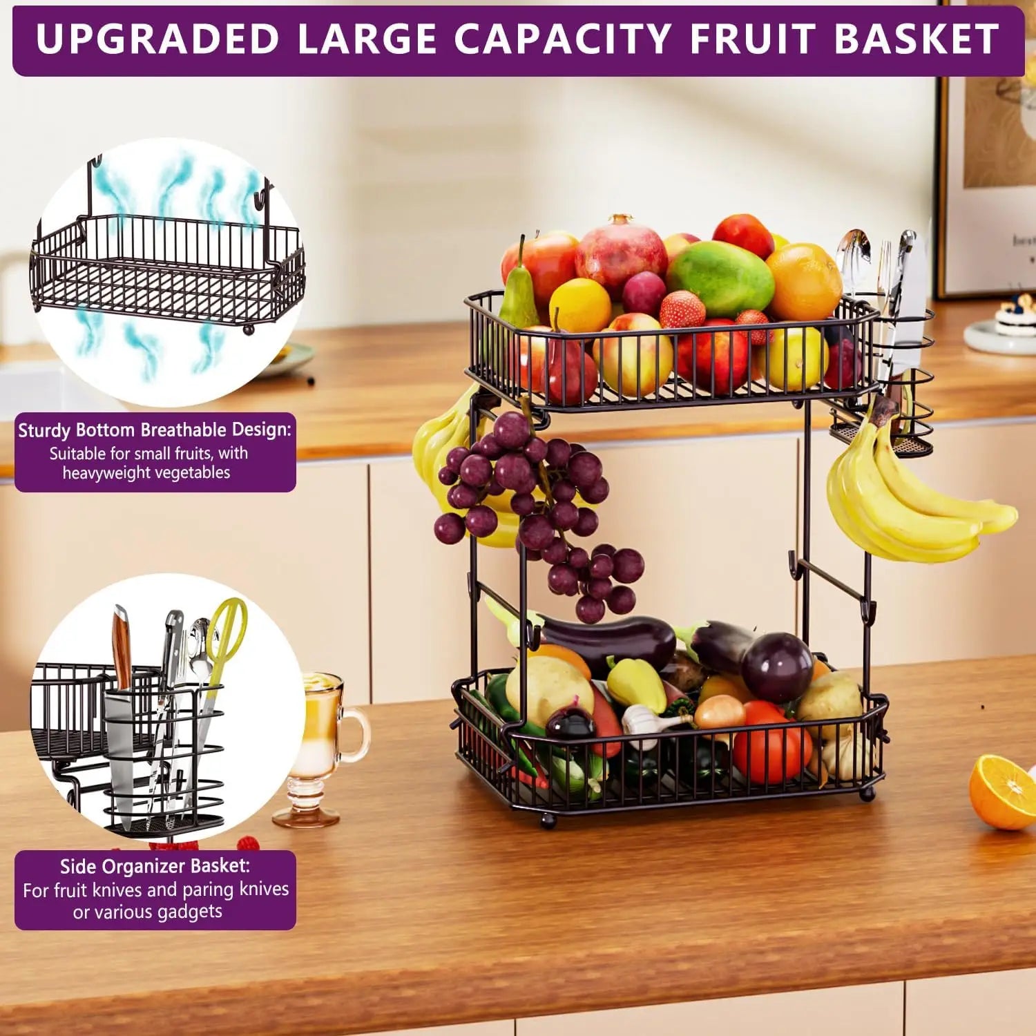 Heavy 2-Tier Fruit Basket with Side Storage
