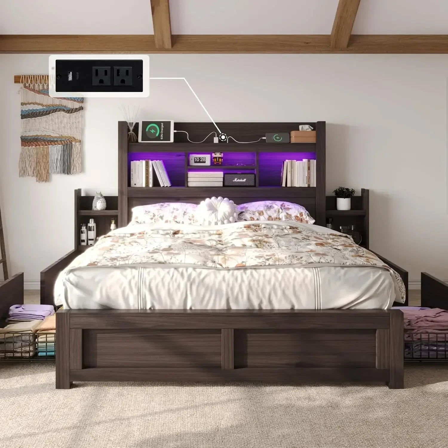 Queen Bed Frame with 49.6" Bookcase Headboard
