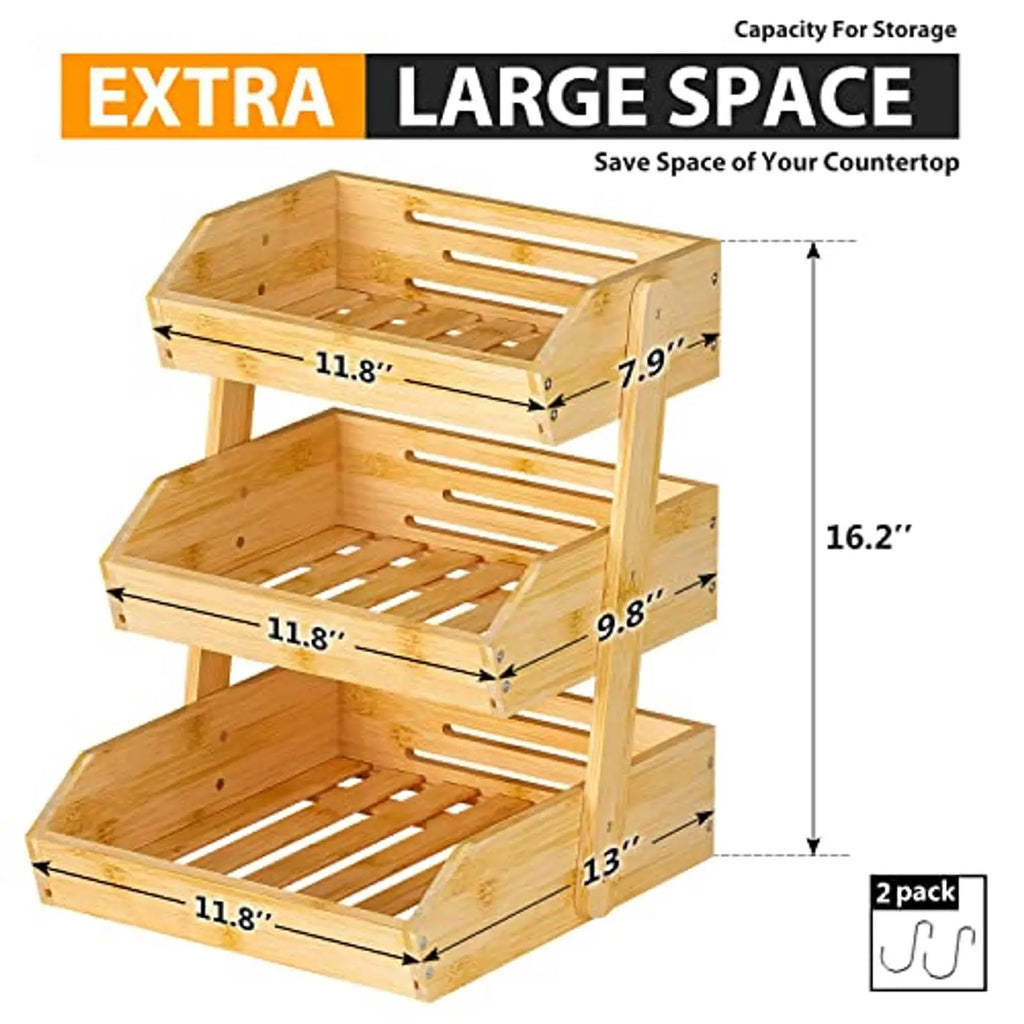 Bamboo 3 Tier Fruit Bowl with 2 Banana Hangers