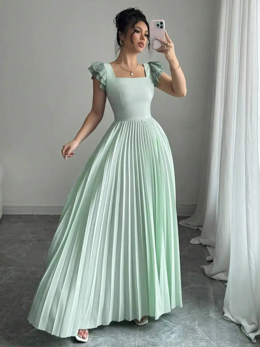 Ruffled Sleeve Pleated Maxi Dress