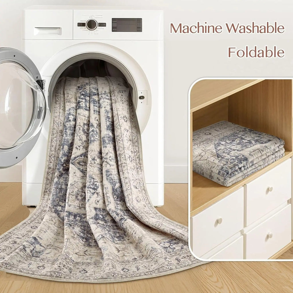 9x12 - Cream Blue Distressed Farmhouse Carpet