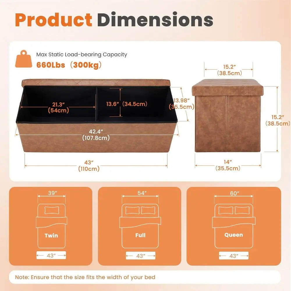 43 Upholstered Storage Ottoman with Footrest, 660 lbs Capacity, Synthetic Leather, Brown