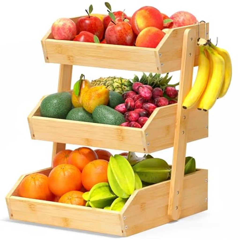 Bamboo 3 Tier Fruit Bowl with 2 Banana Hangers