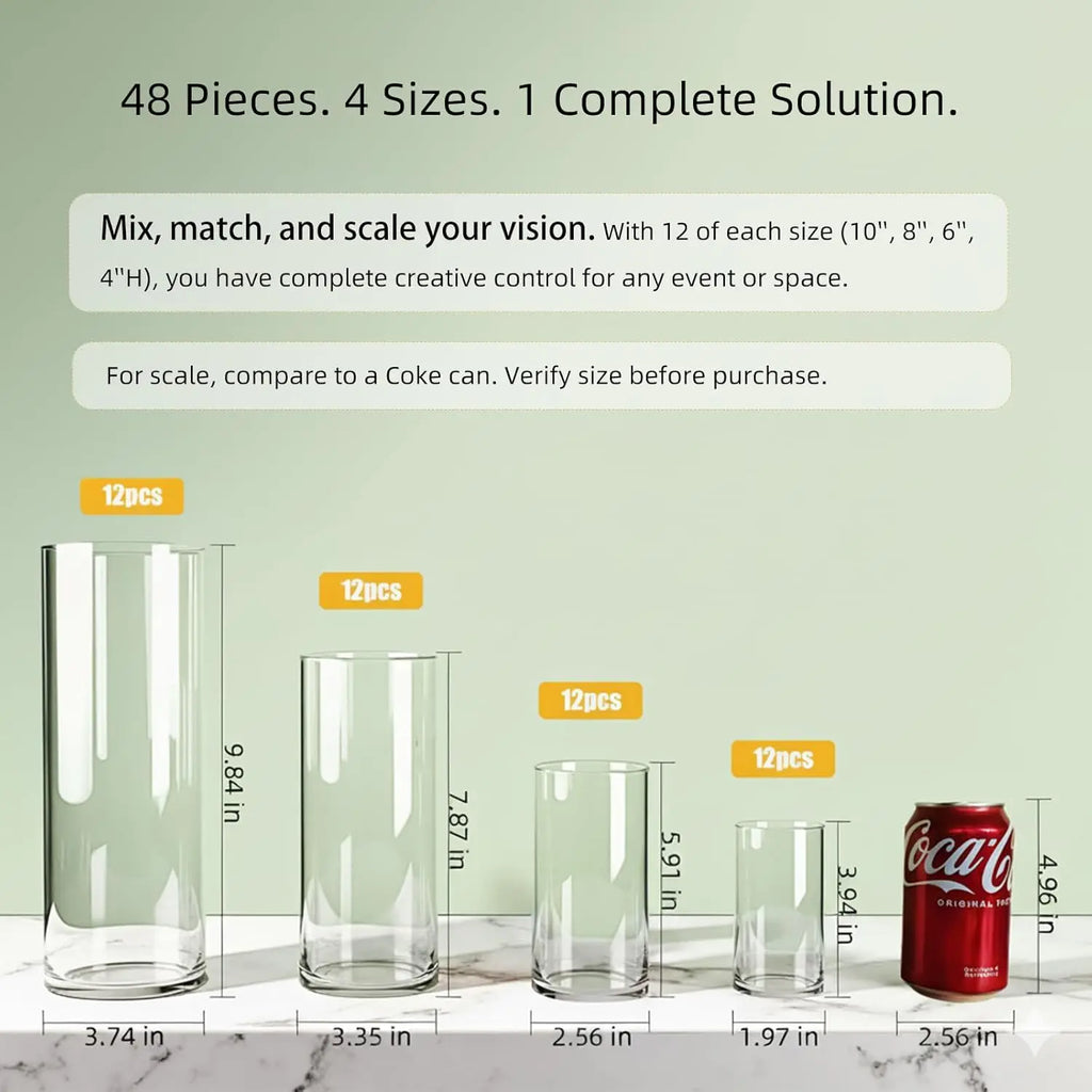 48-Pack Clear Glass Cylinder Vases, 4 Sizes (4/6/8/10 Inch)