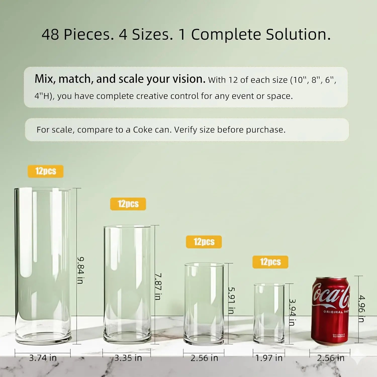 48-Pack Clear Glass Cylinder Vases, 4 Sizes (4/6/8/10 Inch)