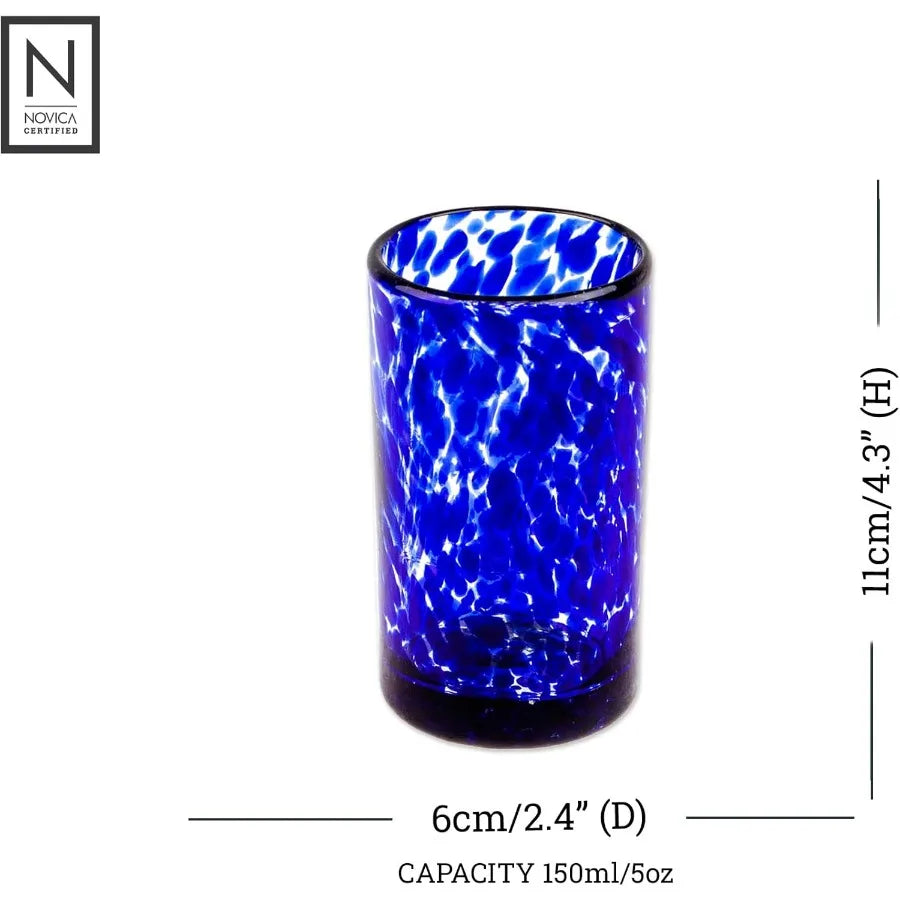 Hand Blown Blue Confetti Recycled Glass Juice Glasses 5 Oz