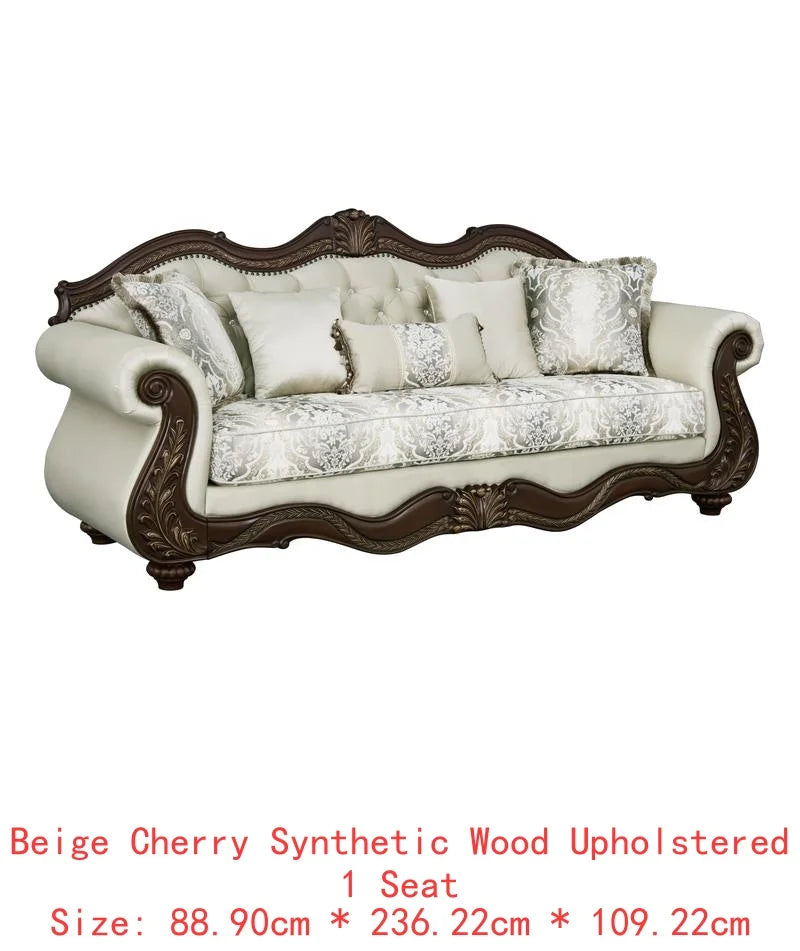 Beige Fabric Loveseat with Cherry Finish and 3 Pillows