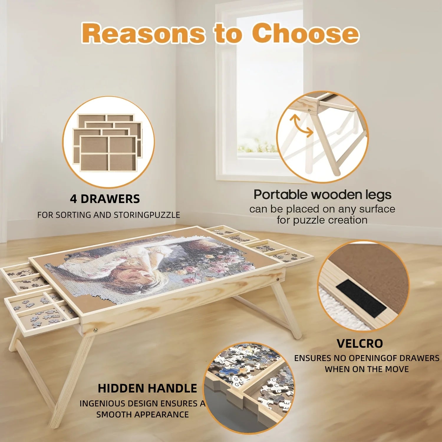 Portable 16 Grids & 4 Drawers, 1000pc  Puzzle Table