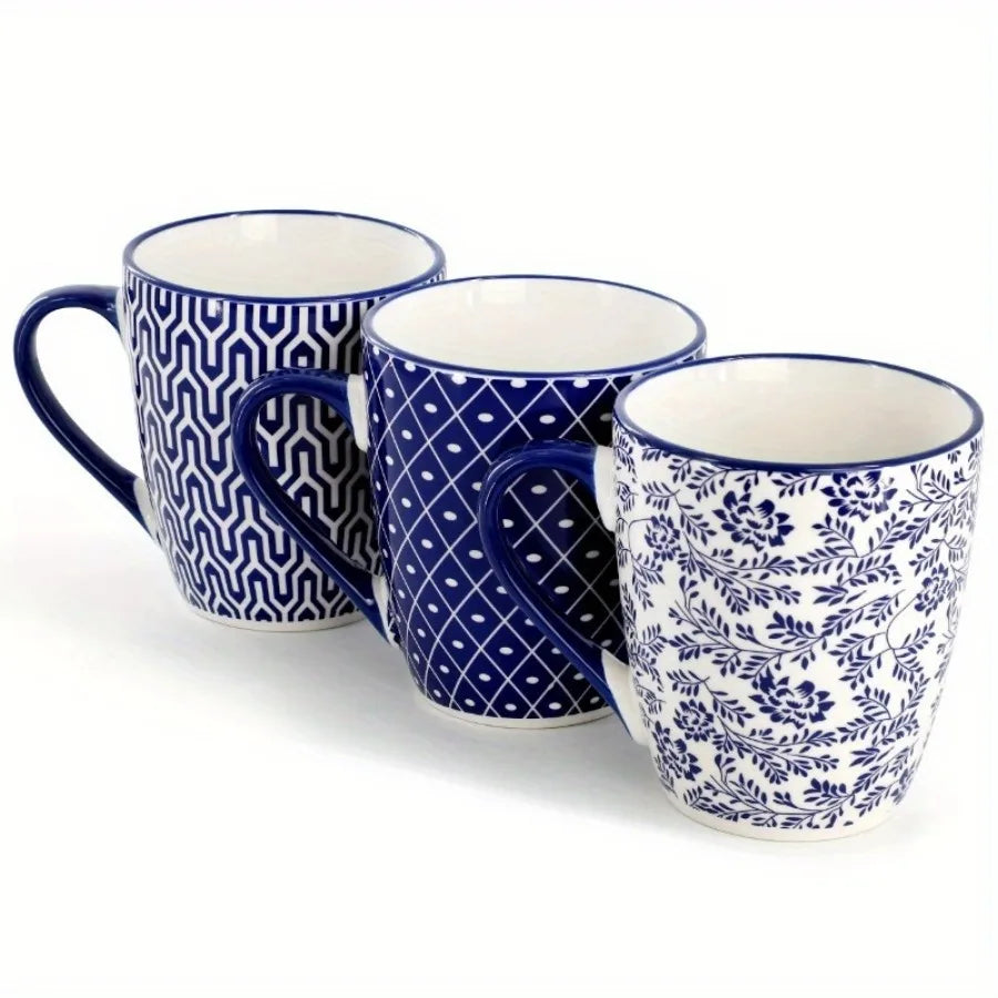 6-piece 12 oz blue and white ceramic mug set with comfortable handles for easy grip and a secure hold